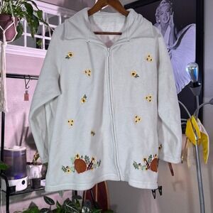 Embroidered Pumpkin Sunflower Fleece Zip Jacket Womens Fall Cottagecore